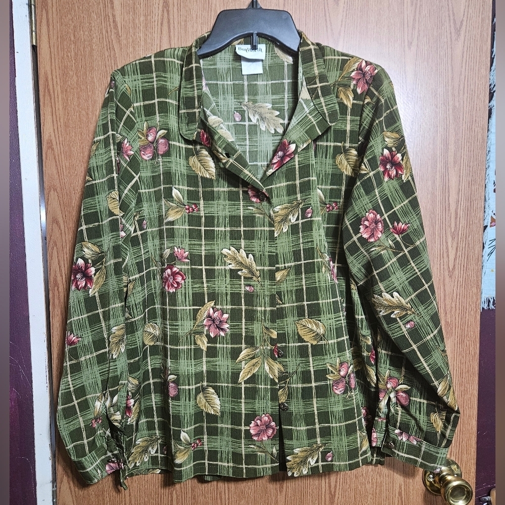 BonWorth Button Up Collared Blouse Shirt Long Sleeve Shoulder Pads!